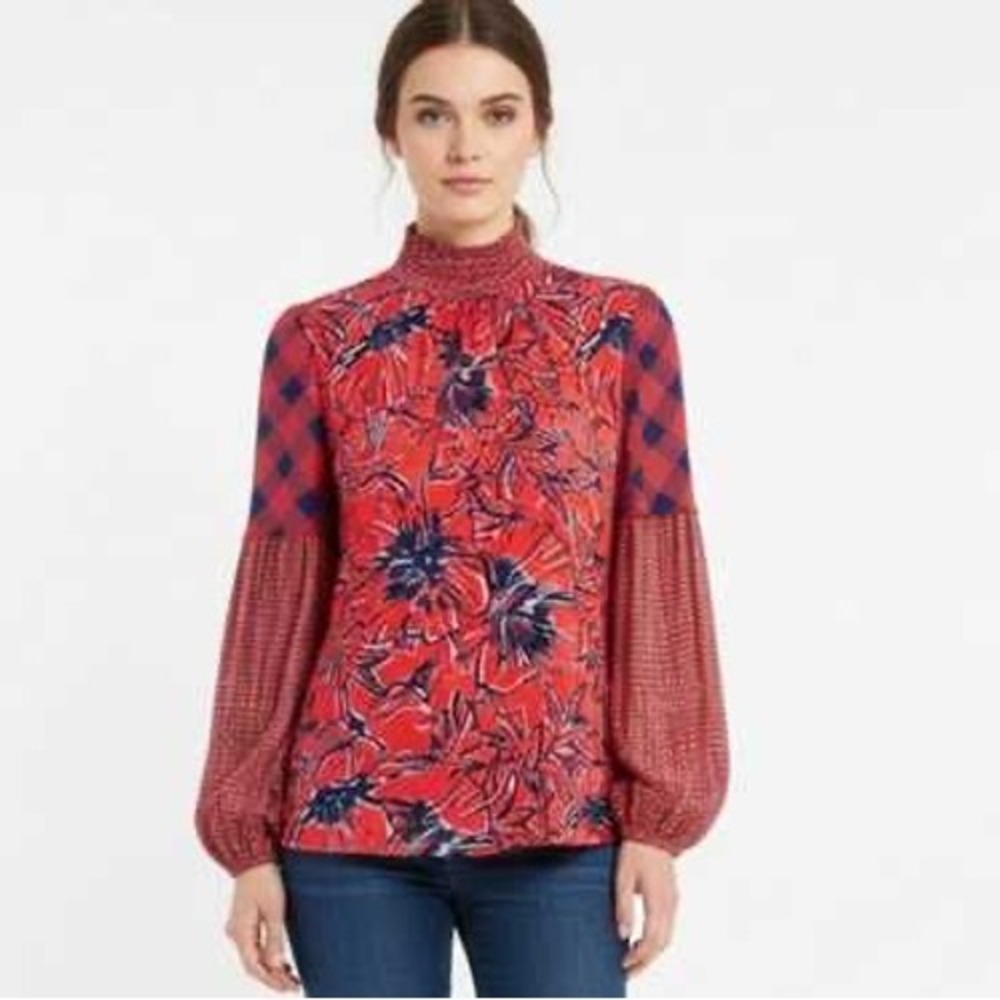 Blank London Anthropologie Red Navy Floral Plaid Smocked Mock Neck Blouse Medium